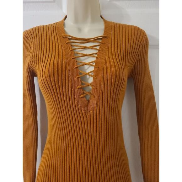 Women's Long-Sleeve Ribbed Bodycon Lattice Neck Dress Brown-Medium-NWT - Picture 2 of 6